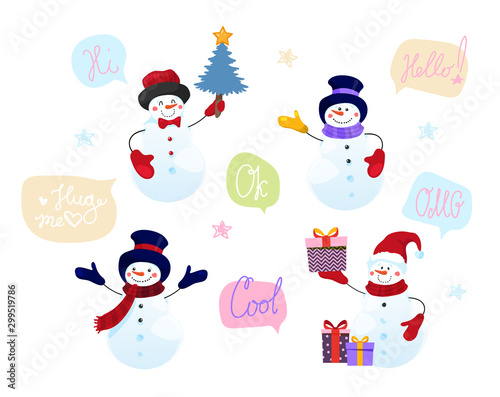 Cute snowman character set for christmas card, greetings, hobby. Funny snowmen in hats and scarves, with mittens, with gifts, with a Christmas tree. Vector flat stock isolated on white background.