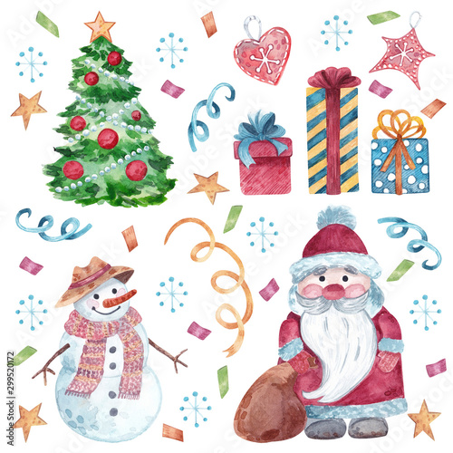 Watercolor set of Christmas characters and items. Hand-drawn Santa, snowman, xmas tree and gifts for stickers, background, card design and other purposes.