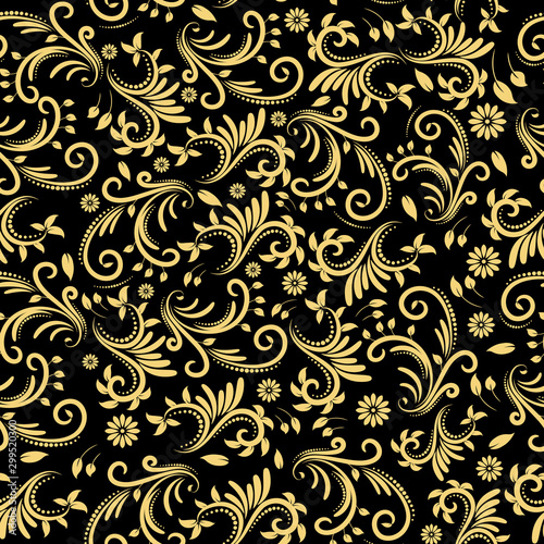 Seamless pattern with golden decorative elements of flowers and leaves on a black background.