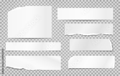 Set of torn white note, notebook paper pieces, reminder tapes stuck on grey squared background. Vector illustration