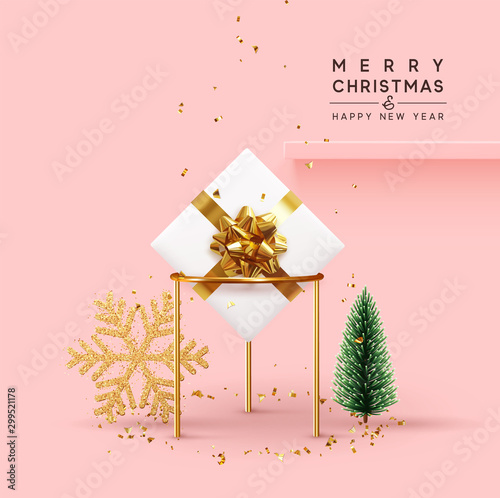 Christmas background. Xmas composition realistic 3d and realistic design, gift box, golden sparkle snowflake, decorative pine tree, green spruce, falling glitter gold confetti. space for text on shelf