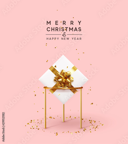 Christmas background. Xmas composition realistic 3d and realistic design, gift box, falling glitter gold confetti. Happy New year minimal design. vector illustration