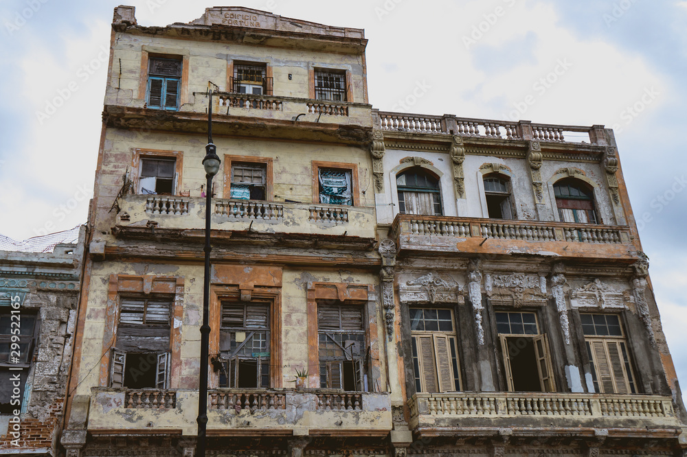 facades of ruined buildings. Old Havana Cuba
