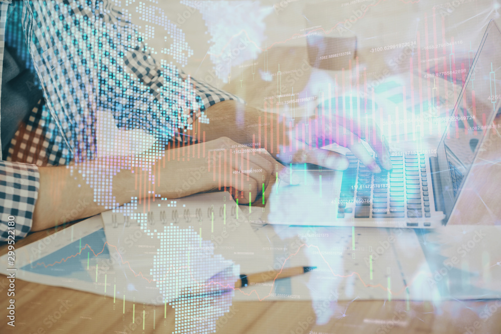 Multi exposure of stock market chart with man working on computer on background. Concept of financial analysis. Multi exposure of stock market chart with man working on computer on background. Concept of financial analysis.