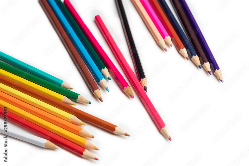 many color pencils isolated on white background. design layout.