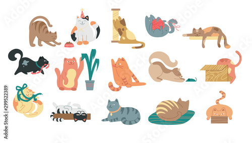 Large set of cartoon cats at various activities stretching, sleeping, playing, grooming and fetching yarn in a flat vector illustration on white for design elements