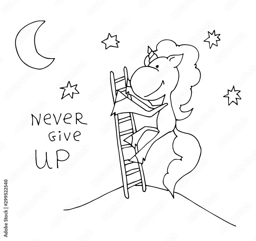 Coloring book for kids - unicorn climbs the stairs to the stars. Never give  up. Black and white cute cartoon unicorns. Vector illustration. Stock  Vector | Adobe Stock