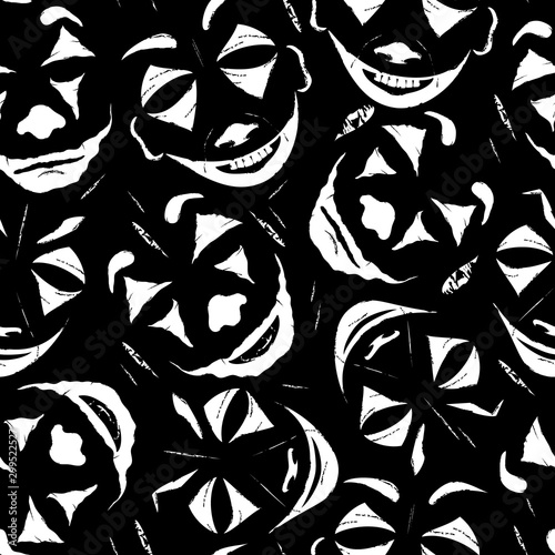 Seamless pattern with faces of clowns of different moods. Angry, funny, sad makeup of the actors. White drawing of a comedian, joker on black background.Vector illustration for print, banner, fabric