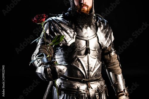 cropped view of knight in armor holding rose isolated on black