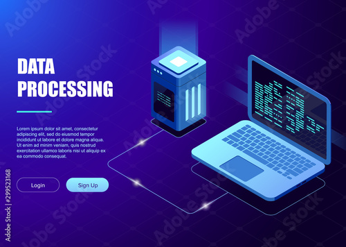 Data processing. Digital technology landing web page banner, database and big data processing concept. Software program development, code review, database concept, isometric vector illustration
