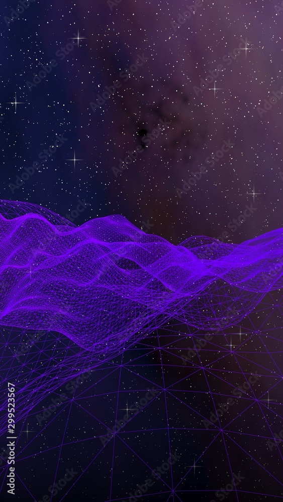 Abstract ultraviolet landscape on a dark background. Purple cyberspace grid. hi tech network. Outer space. Violet starry outer space texture. 3D illustration - obrazy, fototapety, plakaty 