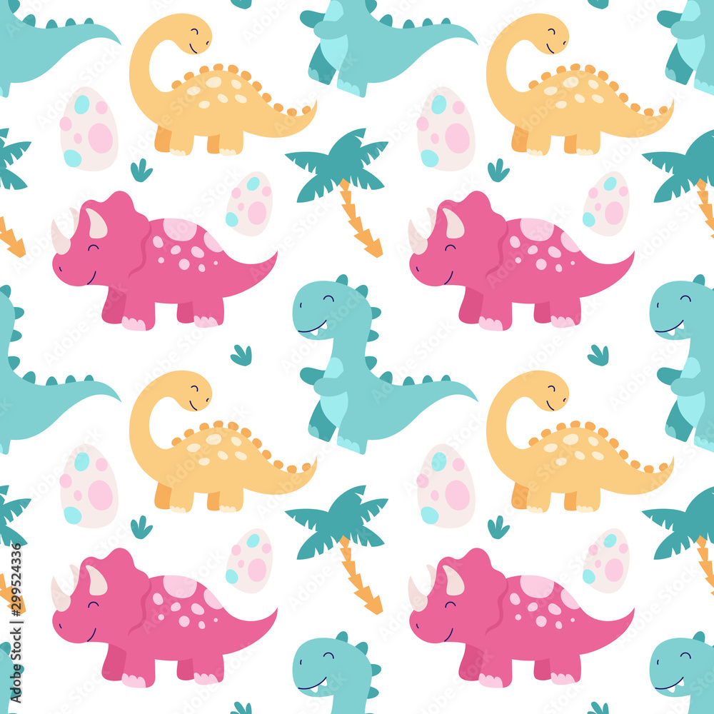 Obraz premium Seamless cute pattern with dinosaurs. Triceratops, brontosaurus, tyrannosaurus, egg, tropical leaves. Pattern for children on a white background. Print for fabric, wallpaper, textile, packaging.