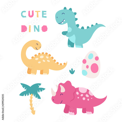 Set of cute isolated dinosaurs. Triceratops, brontosaurus, tyrannosaurus, egg, tropical leaves. Vector illustration for children on a white background. photo