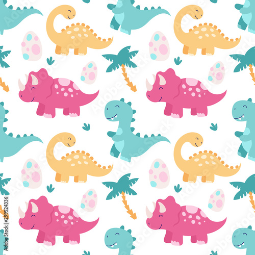 Seamless cute pattern with dinosaurs. Triceratops, brontosaurus, tyrannosaurus, egg, tropical leaves. Pattern for children on a white background. Print for fabric, wallpaper, textile, packaging.