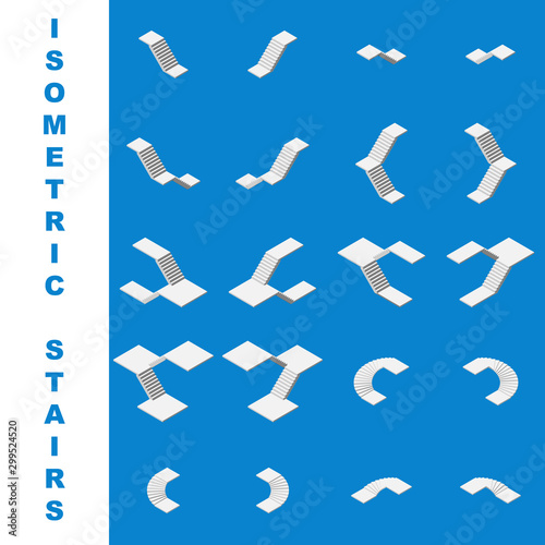 Set of isometric staircase vector icon isolated on blue background.