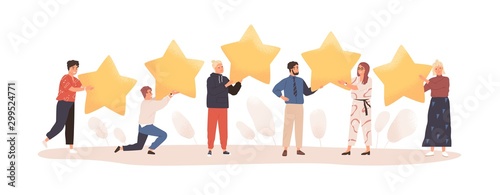 User experience feedback flat vector illustration. People with stars isolated on white. Clients evaluating product, service. Consumer product review. Customer satisfaction assessment concept.