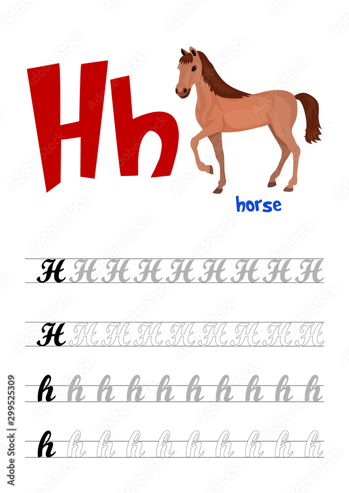 Design page layout of the English alphabet to teach writing upper and lower  case letters H with an funny cartoon Horse. Stock Vector