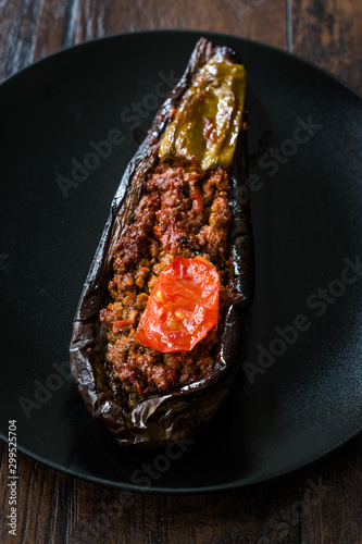 Karniyarik - Stuffed Eggplants, Aubergines with Ground Beef and Vegetables Baked with Tomato Sauce