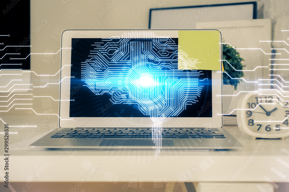 Double exposure of work table with computer and brain sketch hologram. Brainstorming concept. Double exposure of work table with computer and brain sketch hologram. Brainstorming concept.