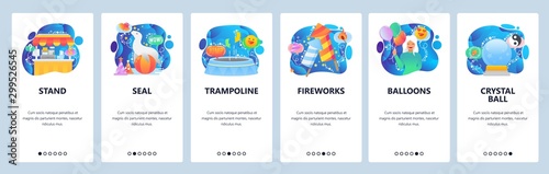 Mobile app onboarding screens. Seal animal show  trampoline  fireworks  crystal ball. Menu vector banner template for website and mobile development. Web site design flat illustration