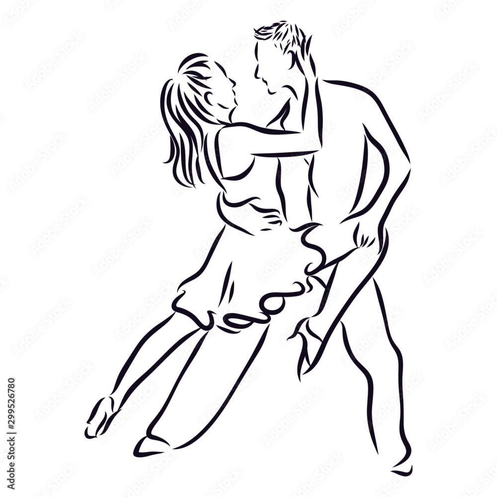 dancers tango sketch, contour vector illustration 