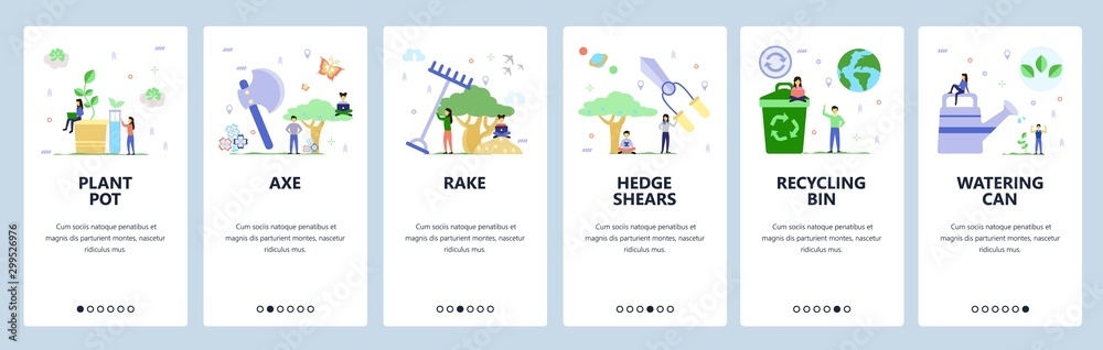 Mobile app onboarding screens. Gardening, cut tree, hedge shears, watering plants, recycling bin. Menu vector banner template for website and mobile development. Web site design flat illustration Mobile app onboarding screens. Gardening, cut tree, hedge shears, watering plants, recycling bin. Menu vector banner template for website and mobile development. Web site design flat illustration