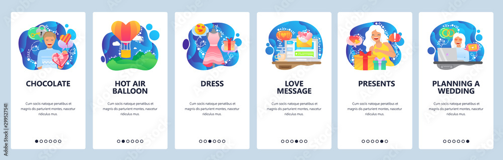 Mobile app onboarding screens. Love and couple romantic relationships, heart balloon, gifts, wedding. Menu vector banner template for website and mobile development. Web site design flat illustration