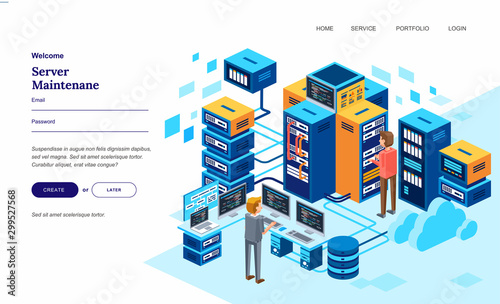 isometric 3D of two man working in data center room, with many computer server vector illustration