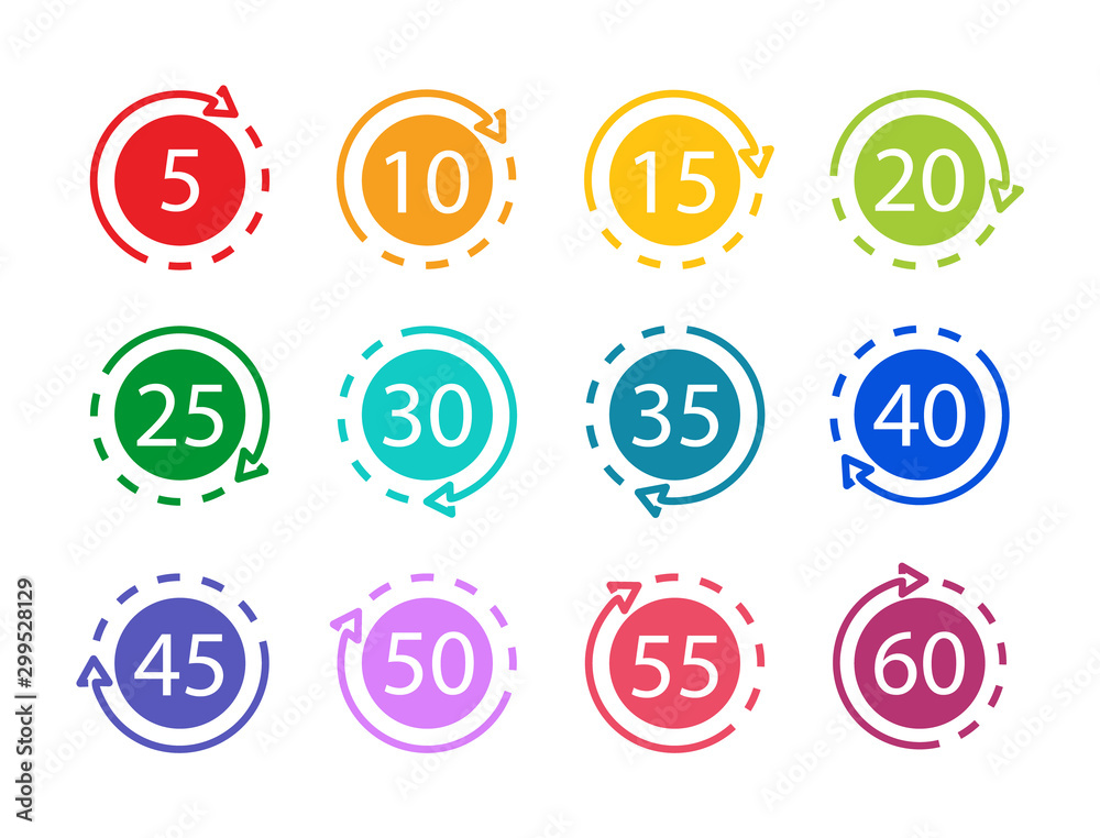 Set of timers. Countdown minutes. Vector illustration.