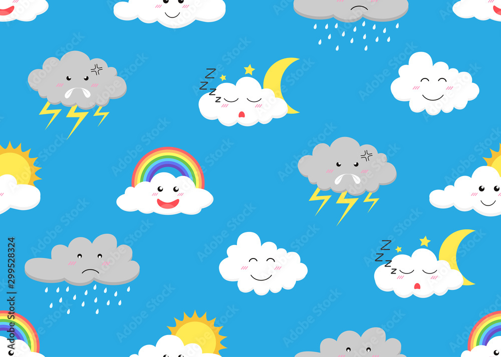 Fototapeta premium Seamless pattern of cute cloud cartoon emojis icon set with different expressions on sky background - Vector illustration