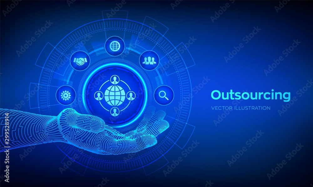 Outsourcing and HR. Outsourcing icon in robotic hand. Social network and global recruitment. Global Recruitment Business and internet concept on virtual screen. Vector illustration. Outsourcing and HR. Outsourcing icon in robotic hand. Social network and global recruitment. Global Recruitment Business and internet concept on virtual screen. Vector illustration.