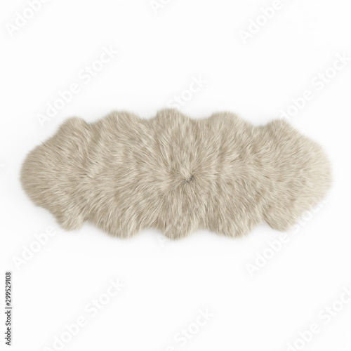 Skin of a sheepskin wool decor rug on a white background. 3D rendering