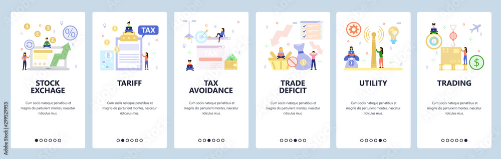 Mobile app onboarding screens. Stock exchange, tax avoidance, trading and cargo shipping. Menu vector banner template for website and mobile development. Web site design flat illustration