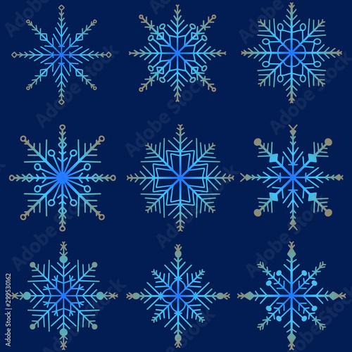snowflakes gradient blue  beige color on a dark blue background.