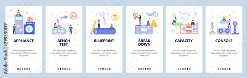 Mobile app onboarding screens. Gaming console, home appliances, battery charge, portable electronic toy. Vector banner template for website and mobile development. Web site design flat illustration