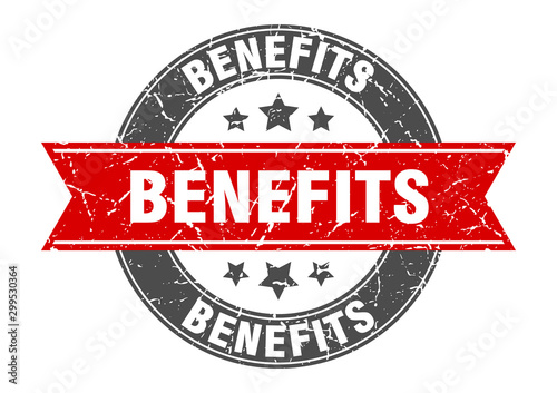 benefits round stamp with red ribbon. benefits