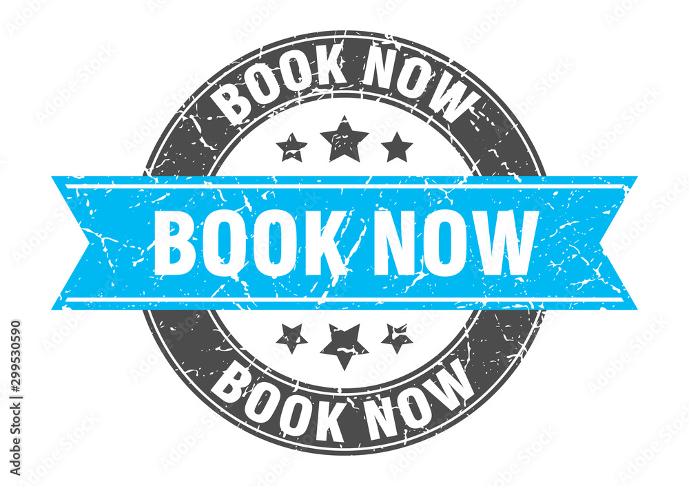 book now round stamp with turquoise ribbon. book now
