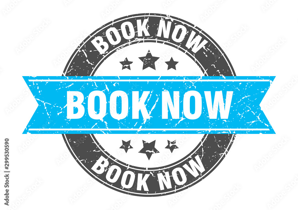Fototapeta premium book now round stamp with turquoise ribbon. book now