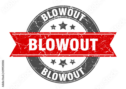 blowout round stamp with red ribbon. blowout