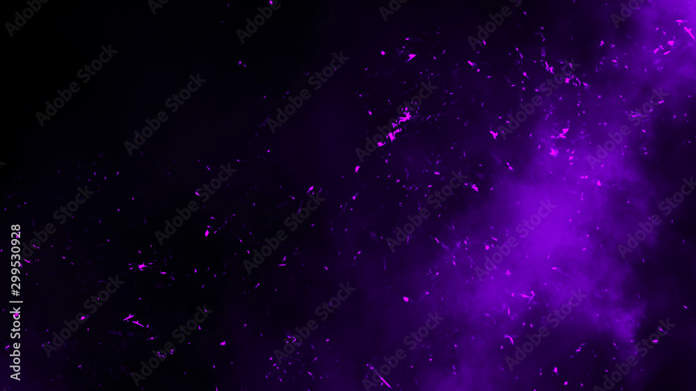 Smoke with purple embers particles texture overlays . Burn effect on isolated background.