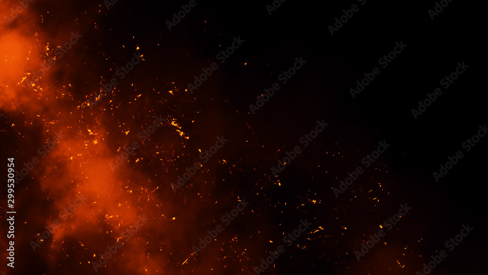 Fire particles effect dust debris isolated on black background, motion ...