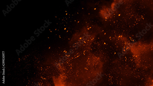Fire particles effect dust debris isolated on black background, motion spray burst.