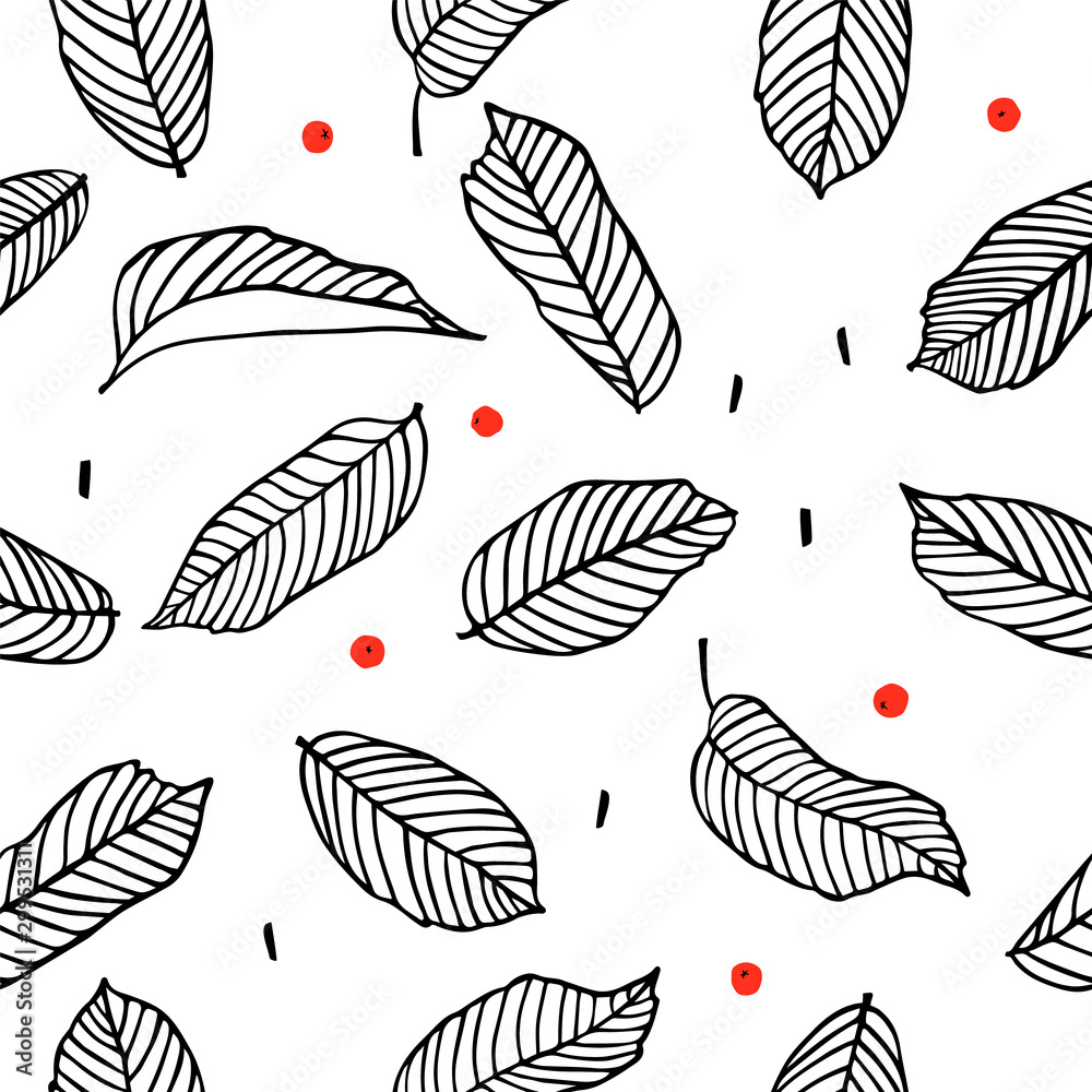 Fototapeta premium Seamless floral pattern with leaves and rowan berries. Outline drawing with foliage. Hand drawn design element, graphic print, texture with a leaf for fabric, textile, wrapping paper, home decor.