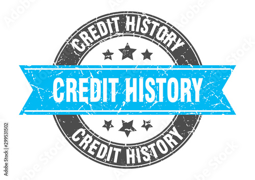 credit history round stamp with turquoise ribbon. credit history
