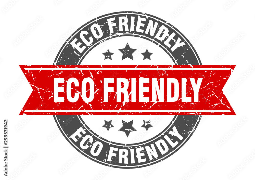 eco friendly round stamp with red ribbon. eco friendly