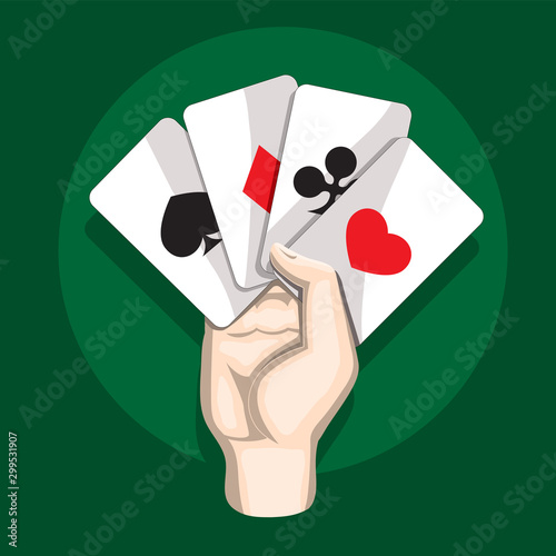 Hand with playing cards on green isolated background. Vector image.