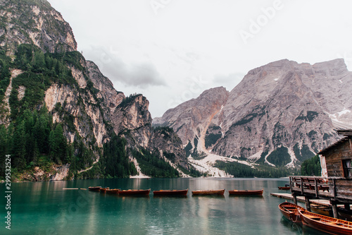 Dolomites, Italy - July, 2019: Beautiful lake in the italian alps, Lago di Braies. Landscape