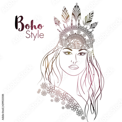 Hand drawn boho style illustration of a girl.