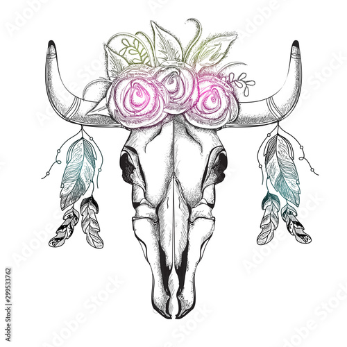 Hand drawn bull head with flower wreath, Boho style.