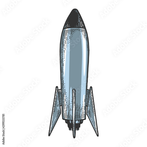Fototapeta Naklejka Na Ścianę i Meble -  Space rocket sketch engraving vector illustration. T-shirt apparel print design. Scratch board style imitation. Black and white hand drawn image.